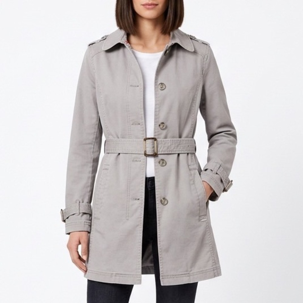S.Oliver Trench Coat Womens 8 Gray Cotton Spread Collar Belt Waistb Button Front